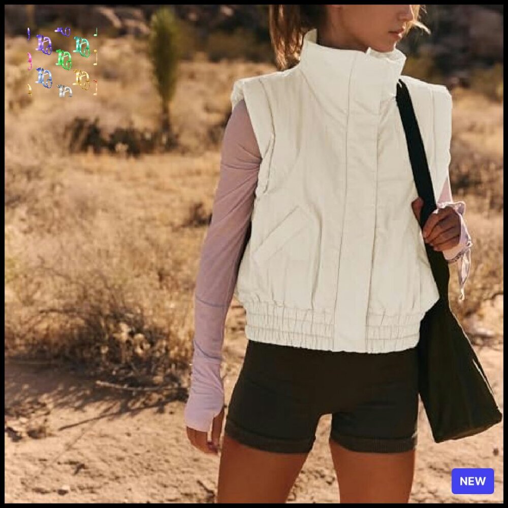 Cropped Puffer Vest Sleeveless Light Jacket Scrunch Collar Chic Minimal - Picture 3 of 8